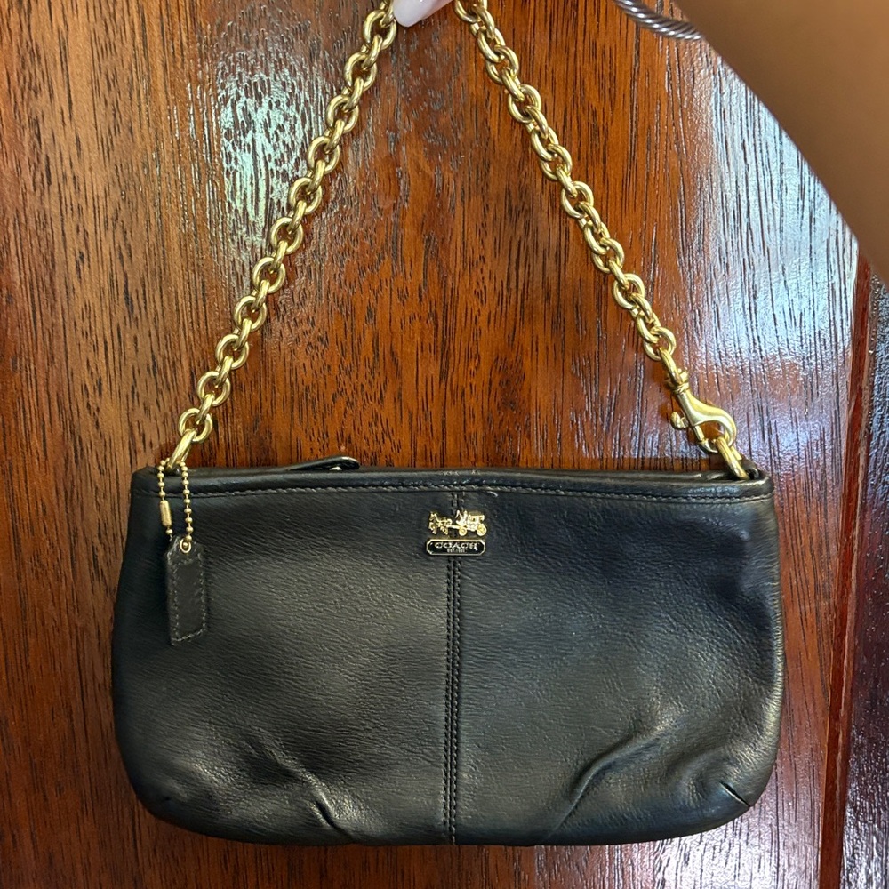 Coach Black Leather Clutch with Gold Chain
